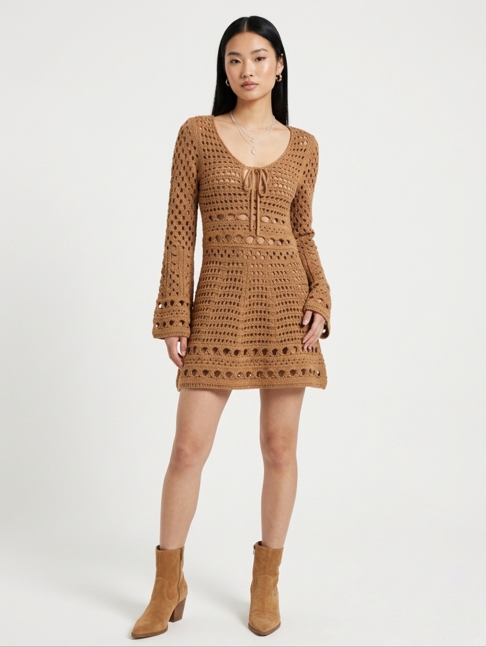 NWOT Crochet Tie-Front Bell Sleeve Mini Dress Size S/6/M